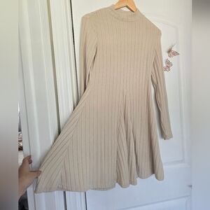 Elegant Beige Ribbed Knit Dress